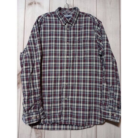 Tommy Hilfiger Shirt Men's Large Red Gray Button Front Long Sleeve - Picture 1 of 9
